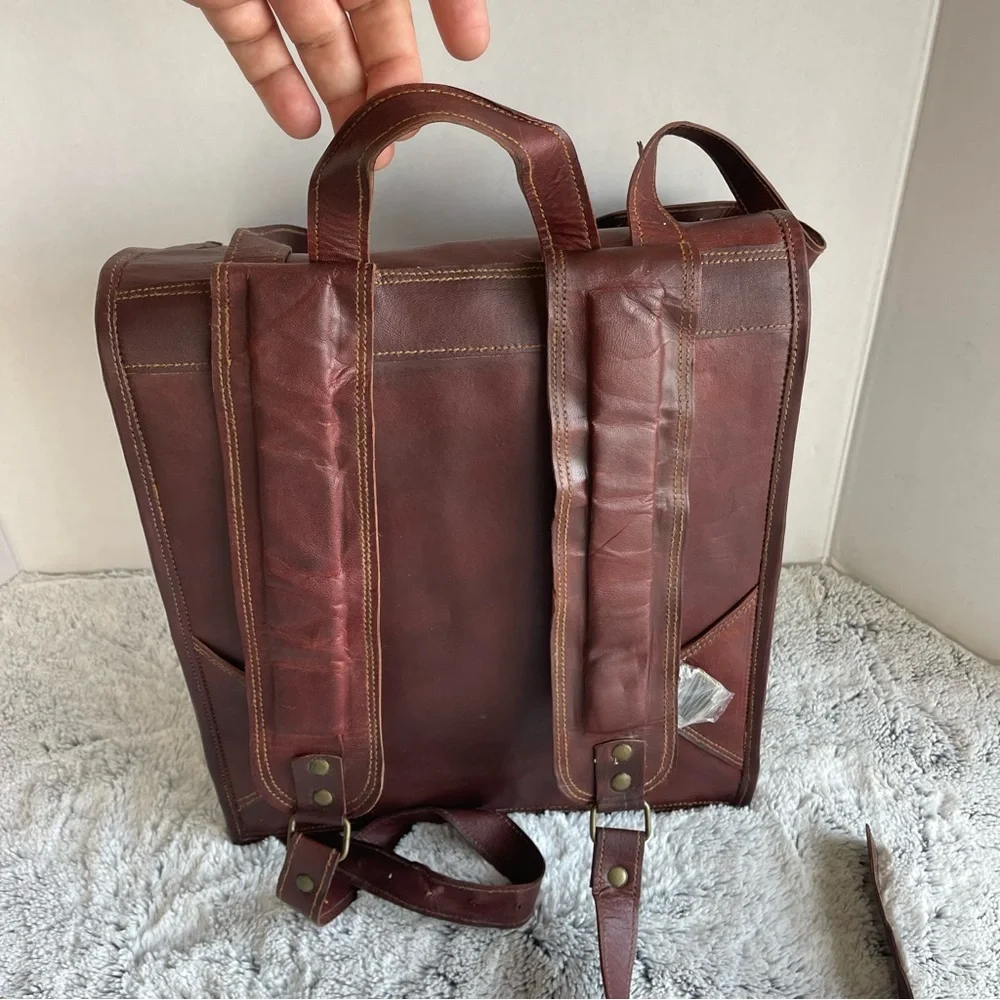 Roll Top Backpack Rucksack Rolling Bag Travel Bikers Genuine Leather Bag